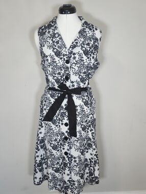 Mille Gabrielle Collard Sleeveless White Black Lace Print Button Shirtdress S XL